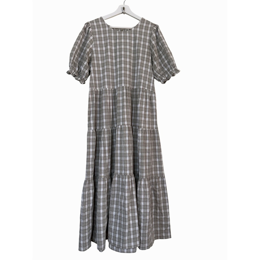 Rylee + Cru Womens Prairie Plaid Tiered Maxi Dress Puff Sleeve Size L Cottage